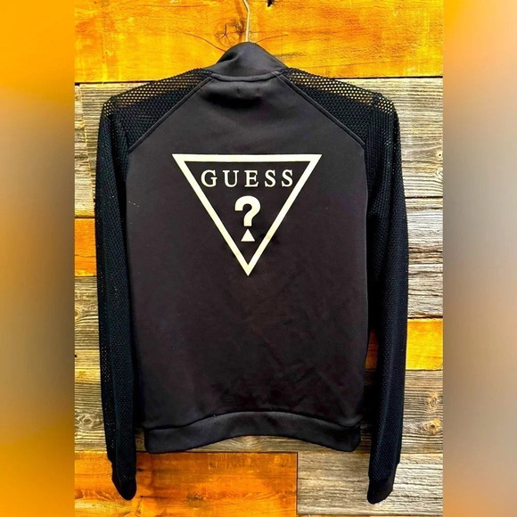 GUESS Black mesh sleeve jacket track gold Y2K retro party throwback holidays US2 - Picture 2 of 5